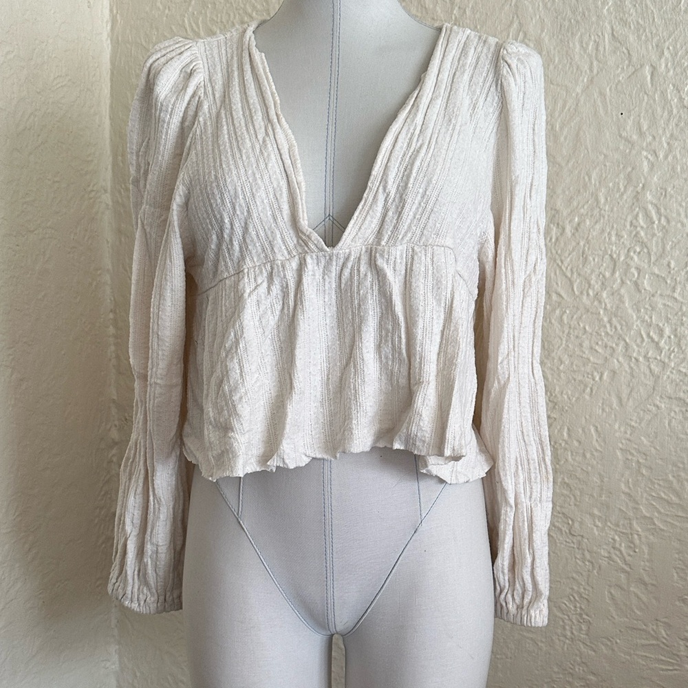 Urban Outfitters Ivory White Textured Babydoll Swing Puff Sleeve Top Large